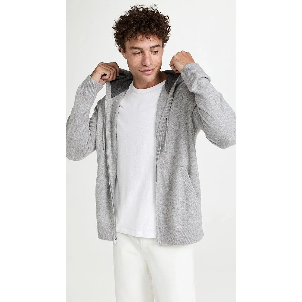 Vince Men's 100% Cashmere Full Zip Hoodie Heather Grey Sweater Classic Preppy S